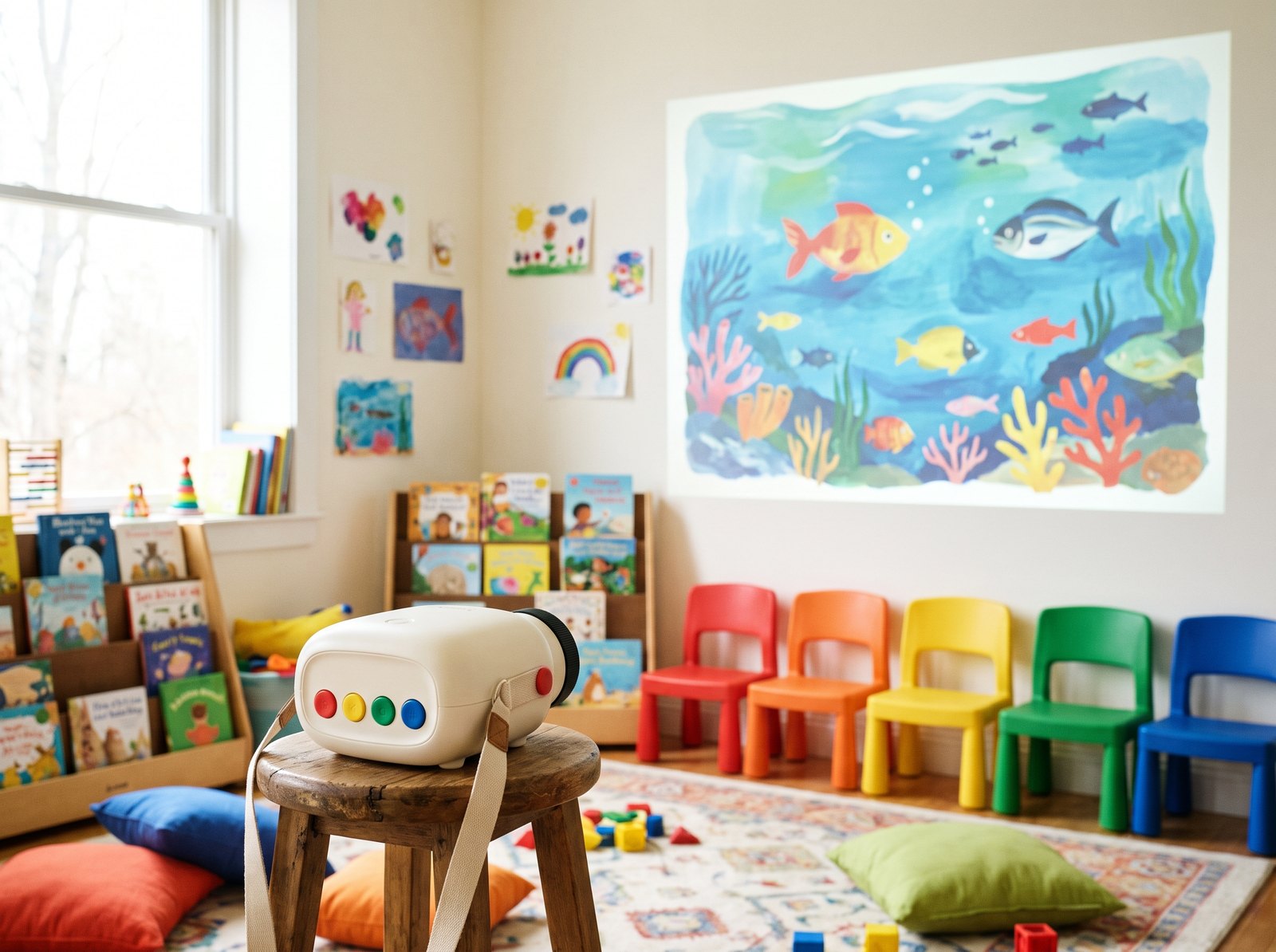 Un coin bibliothèque d'école avec Luciokids qui projette l'océan sur le mur
