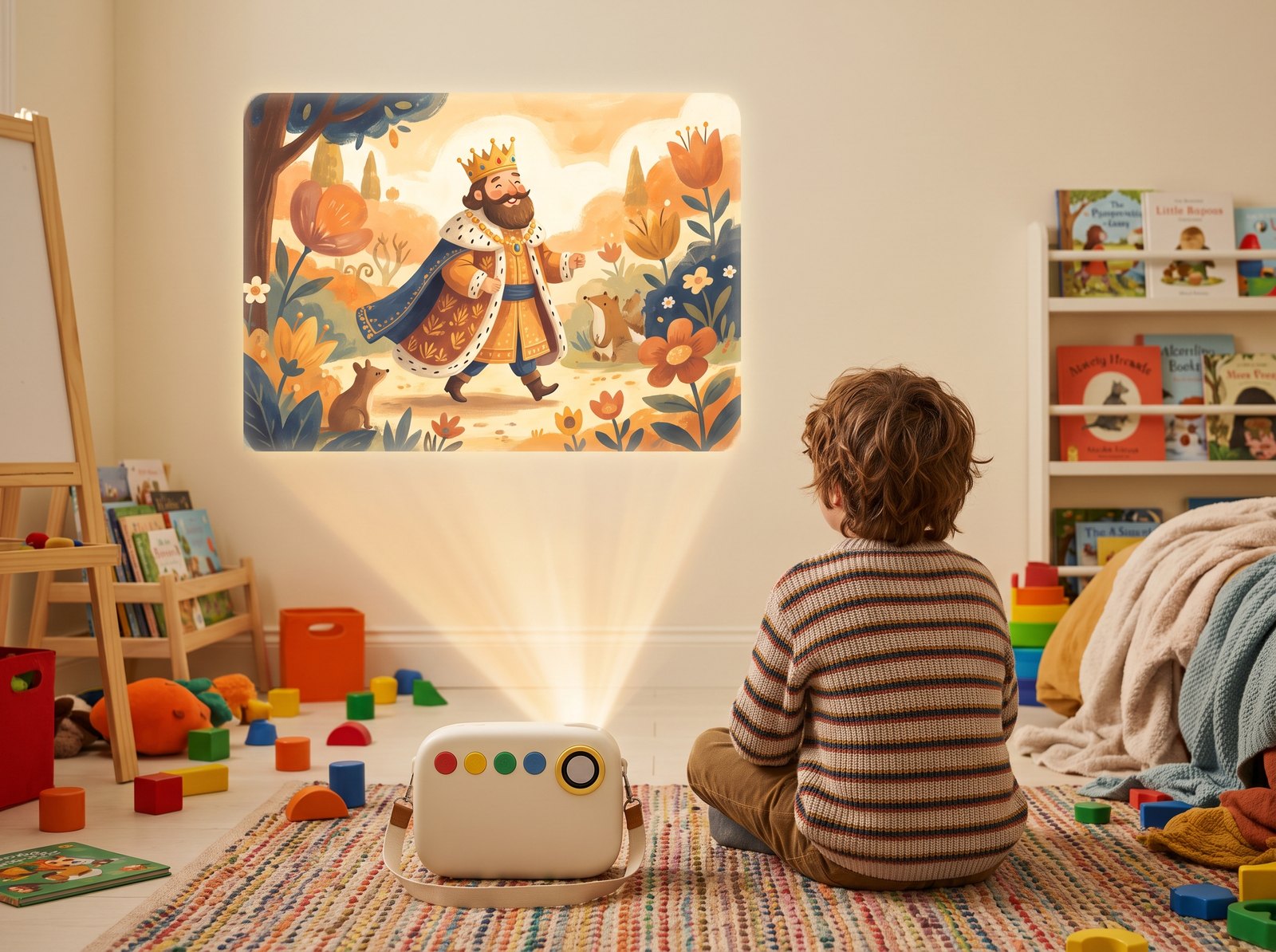 Un enfant assis devant le projecteur Luciokids qui projette un conte en grand sur le mur de sa chambre