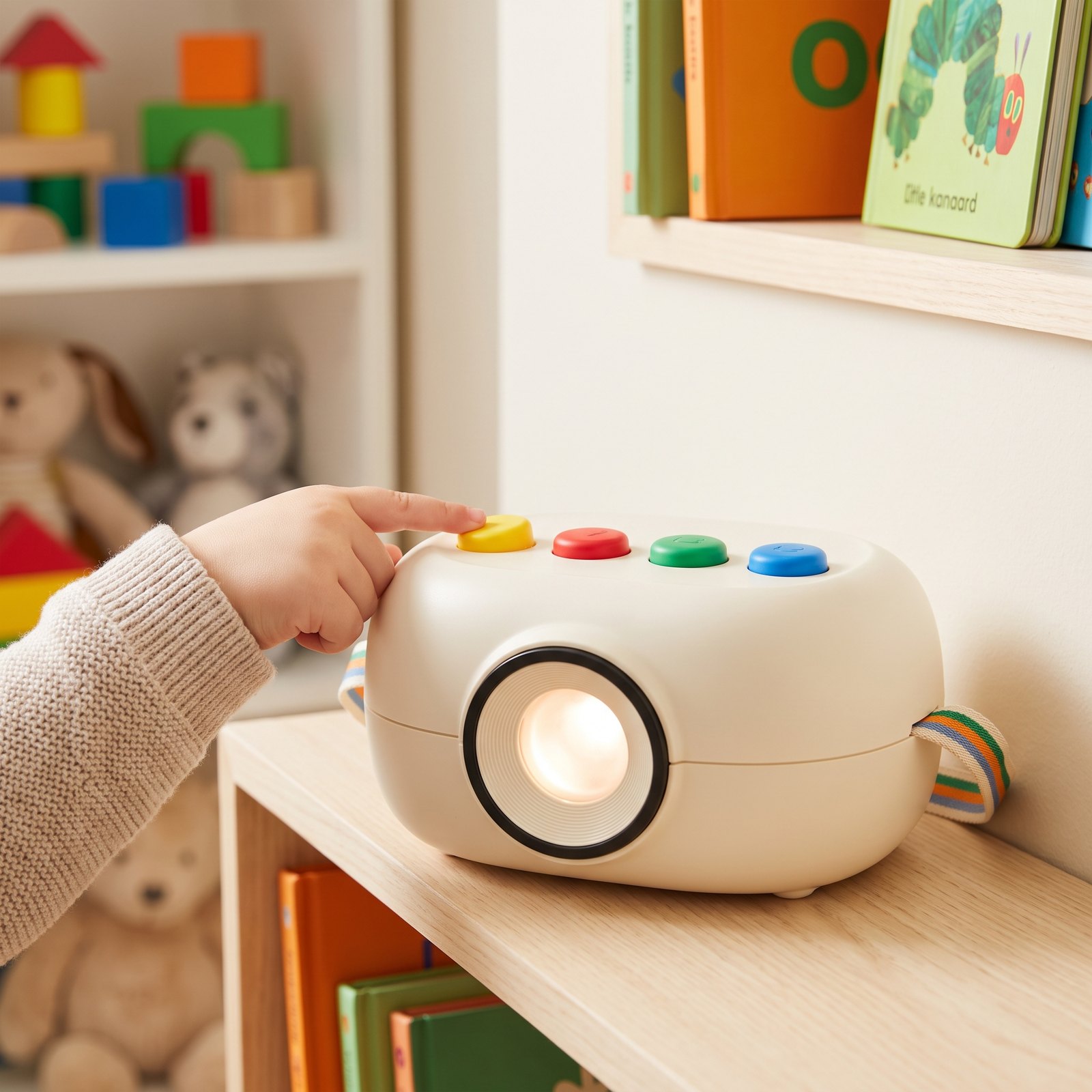 La main d'un enfant appuie sur le gros bouton jaune de Luciokids