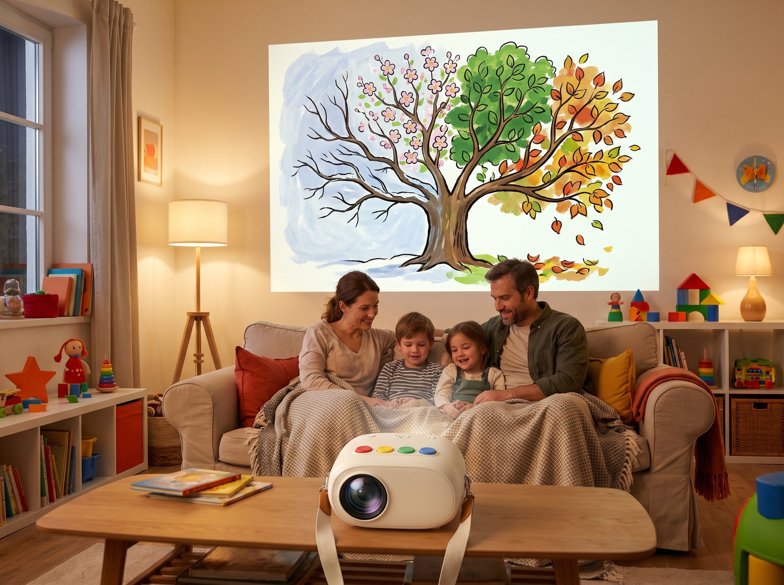 Une famille regarde une histoire Luciokids projetée sur le mur du salon